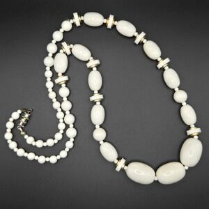 Vintage White Lucite Graduated Bead Necklace Gold Tone Accents Barrel Clasp